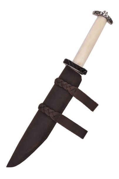 Short sax knife with bone handle and leather scabbard