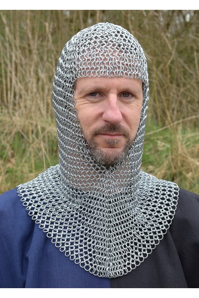 Chainmail coif, butted, V-face, ID9mm, zinc plated mild steel