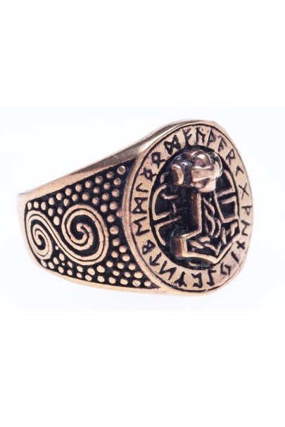 Viking Ring with Runes and Thorshammer, bronze