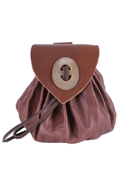 Medieval leather bag with horn button, antique cognac, redish leather